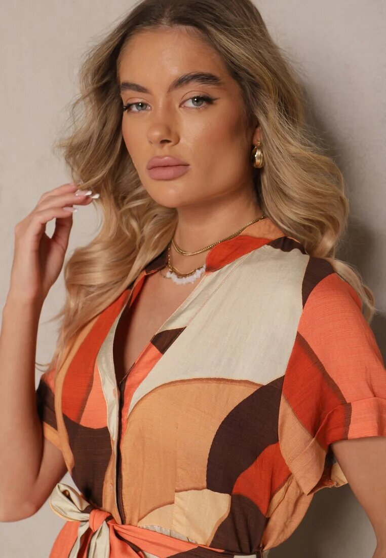 cflo Rochie tip cămașă maro deschis din viscoză cu centură cu imprimeu geometric Falintia