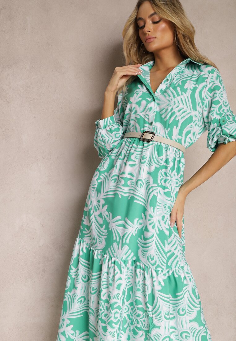 cflo Rochie Verde Cloș Lungă cu Volănaș cu Imprimeu Ornamental