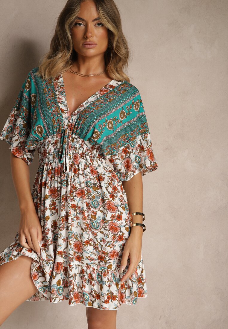 cflo Rochie Verde din Vâscoză cu Imprimeu Floral Decorată cu Legătură la Spate Latorea