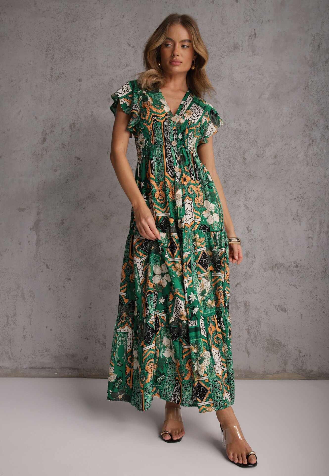 cflo Rochie Verde din Viscoză Maxi cu Elastic în Talie Weha