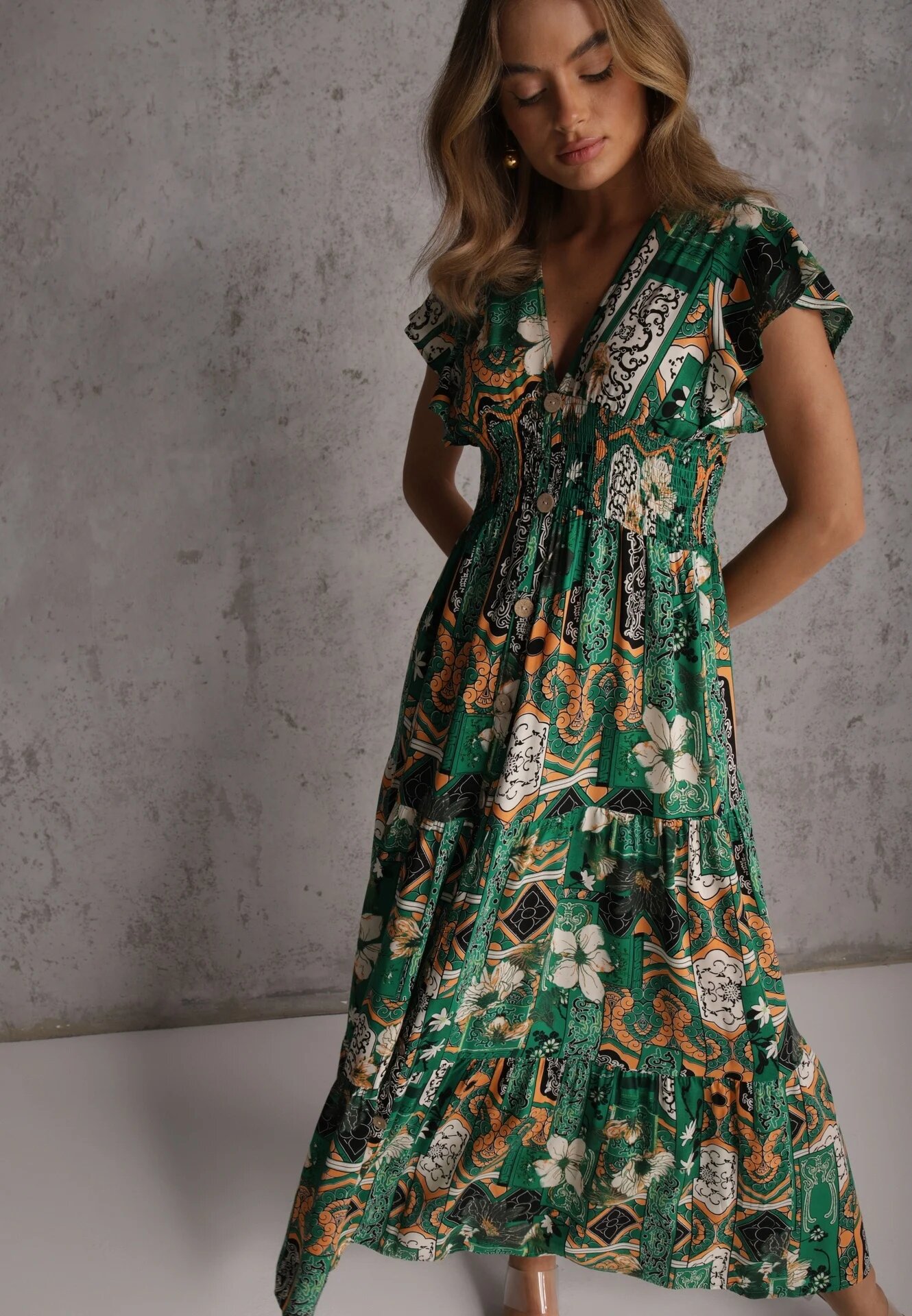 cflo Rochie Verde din Viscoză Maxi cu Elastic în Talie Weha