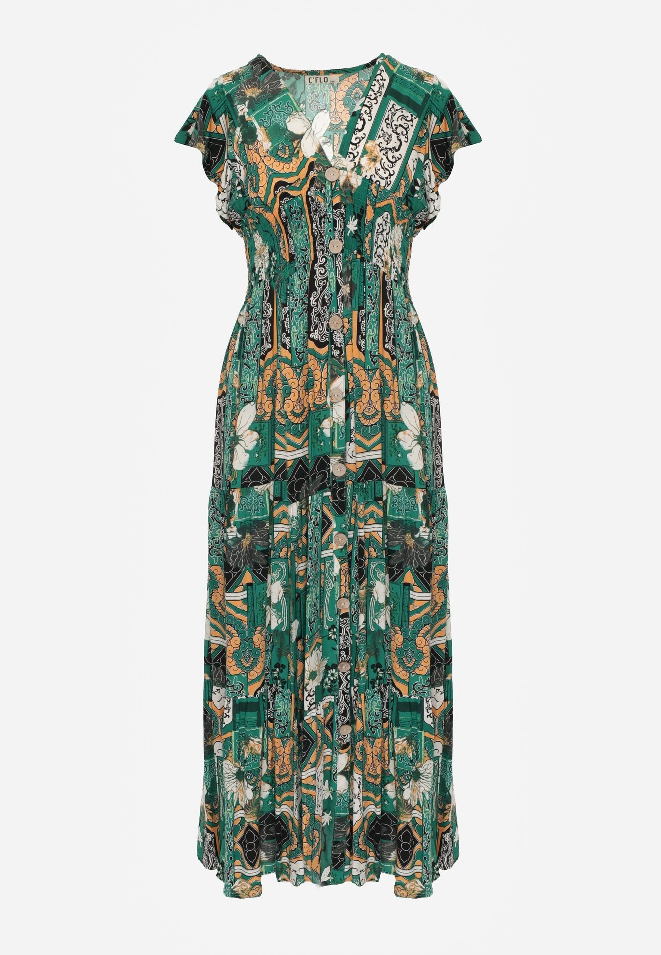cflo Rochie Verde din Viscoză Maxi cu Elastic în Talie Weha