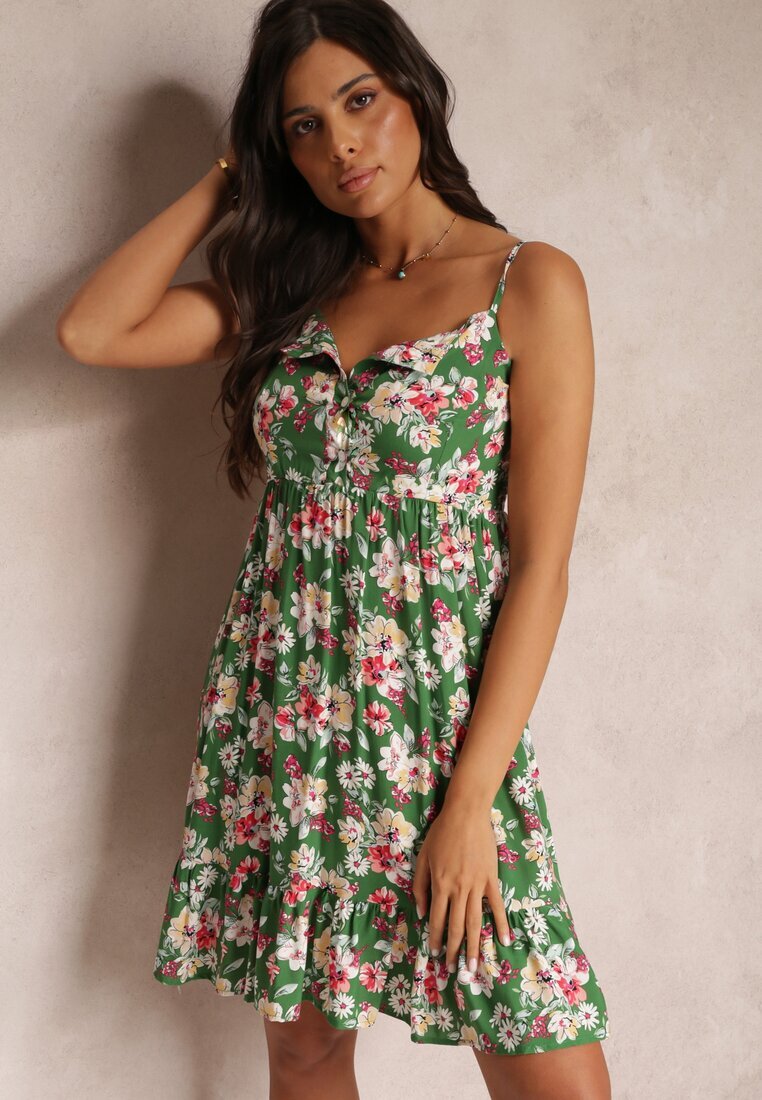 cflo Rochie Verde Evazată cu nasturi florală din viscoză Serilda