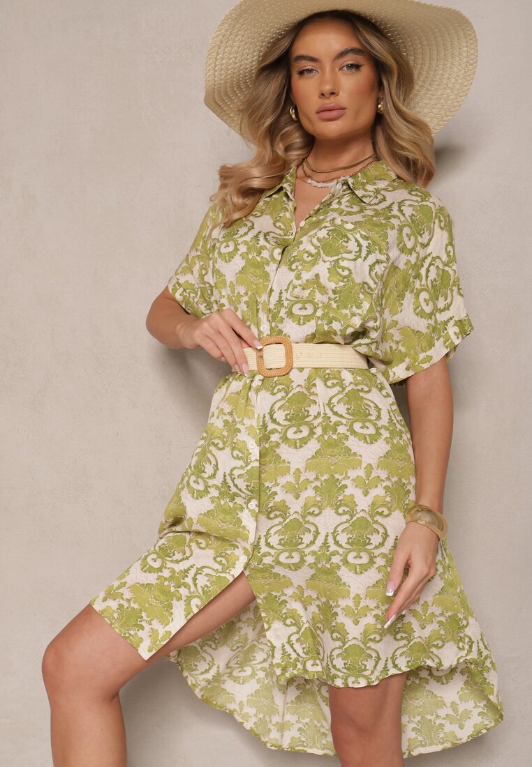 cflo Rochie verde închis din viscoză cu croială tip cămașă cu model ornamental Inisaria