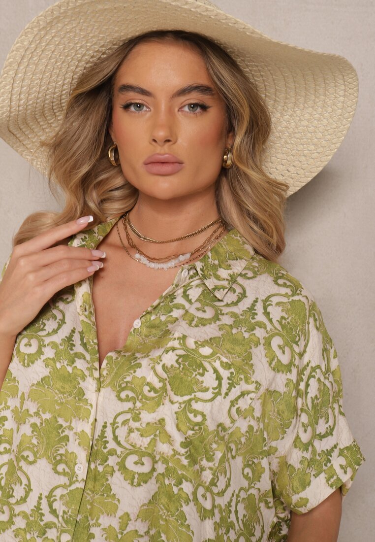 cflo Rochie verde închis din viscoză cu croială tip cămașă cu model ornamental Inisaria