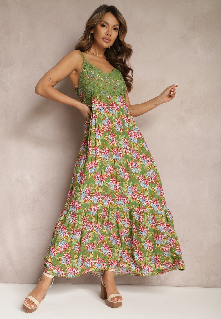 cflo Rochie Verde închisă Cloș Maxi din Viscoză cu Imprimeu Floral cu Bretele Roisintia