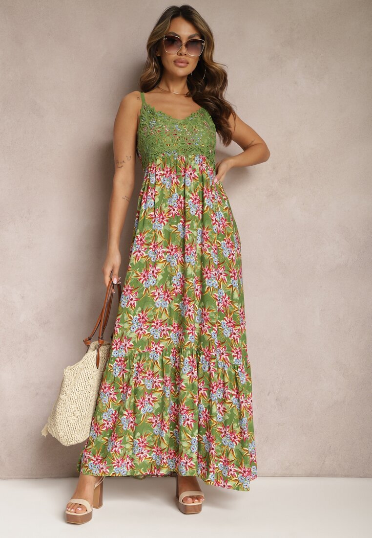 cflo Rochie Verde închisă Cloș Maxi din Viscoză cu Imprimeu Floral cu Bretele Roisintia