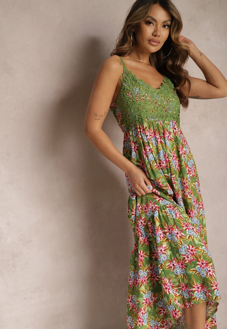 cflo Rochie Verde închisă Cloș Maxi din Viscoză cu Imprimeu Floral cu Bretele Roisintia