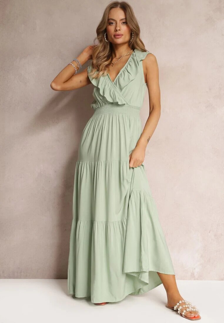 cflo Rochie Verde Mentă Evazată Maxi cu elastic în talie și Volănaș Laylani