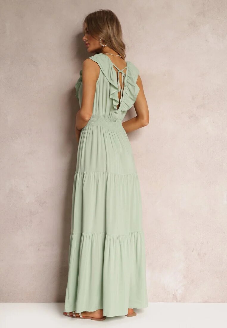 cflo Rochie Verde Mentă Evazată Maxi cu elastic în talie și Volănaș Laylani