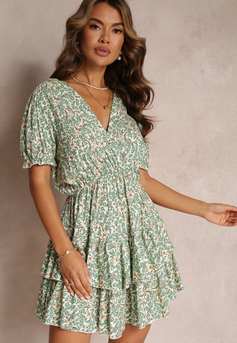 cflo Rochie Verde Mini cu Elastic în Talie și Decolteu Petrecut din Viscoză Littlestar