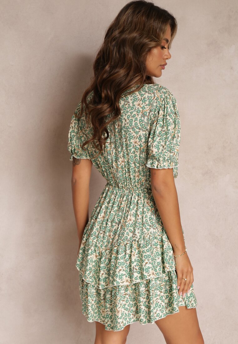 cflo Rochie Verde Mini cu Elastic în Talie și Decolteu Petrecut din Viscoză Littlestar