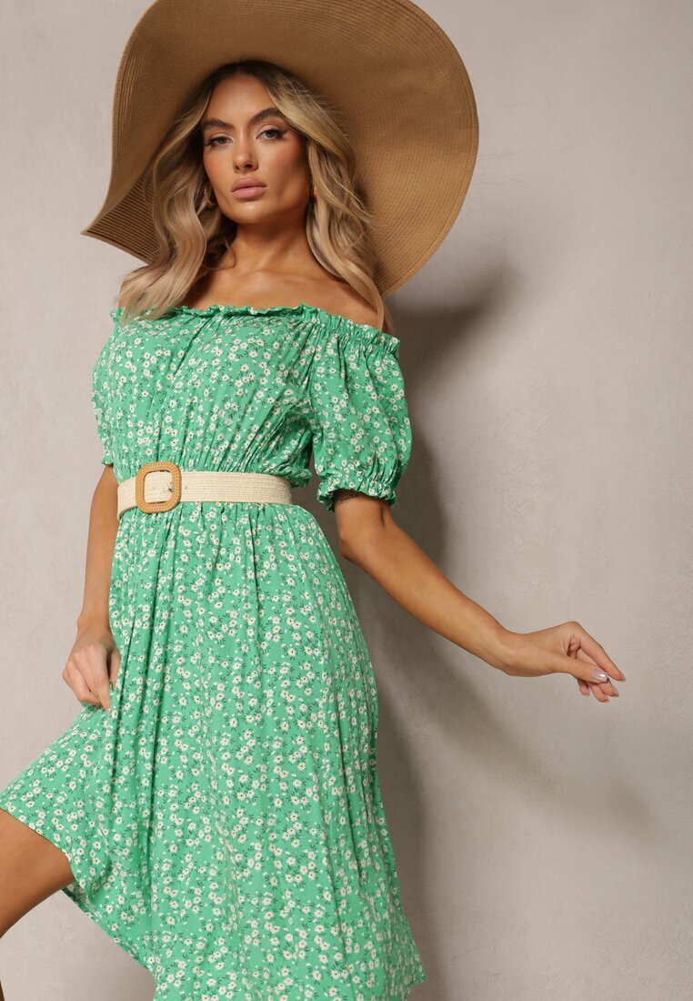 cflo Rochie Verde Viscoză Midi cu Imprimeu Floral cu Decolteu Spaniol Agirala