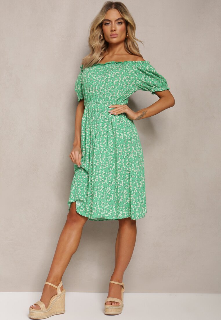 cflo Rochie Verde Viscoză Midi cu Imprimeu Floral cu Decolteu Spaniol Agirala