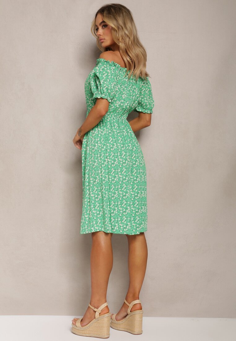 cflo Rochie Verde Viscoză Midi cu Imprimeu Floral cu Decolteu Spaniol Agirala