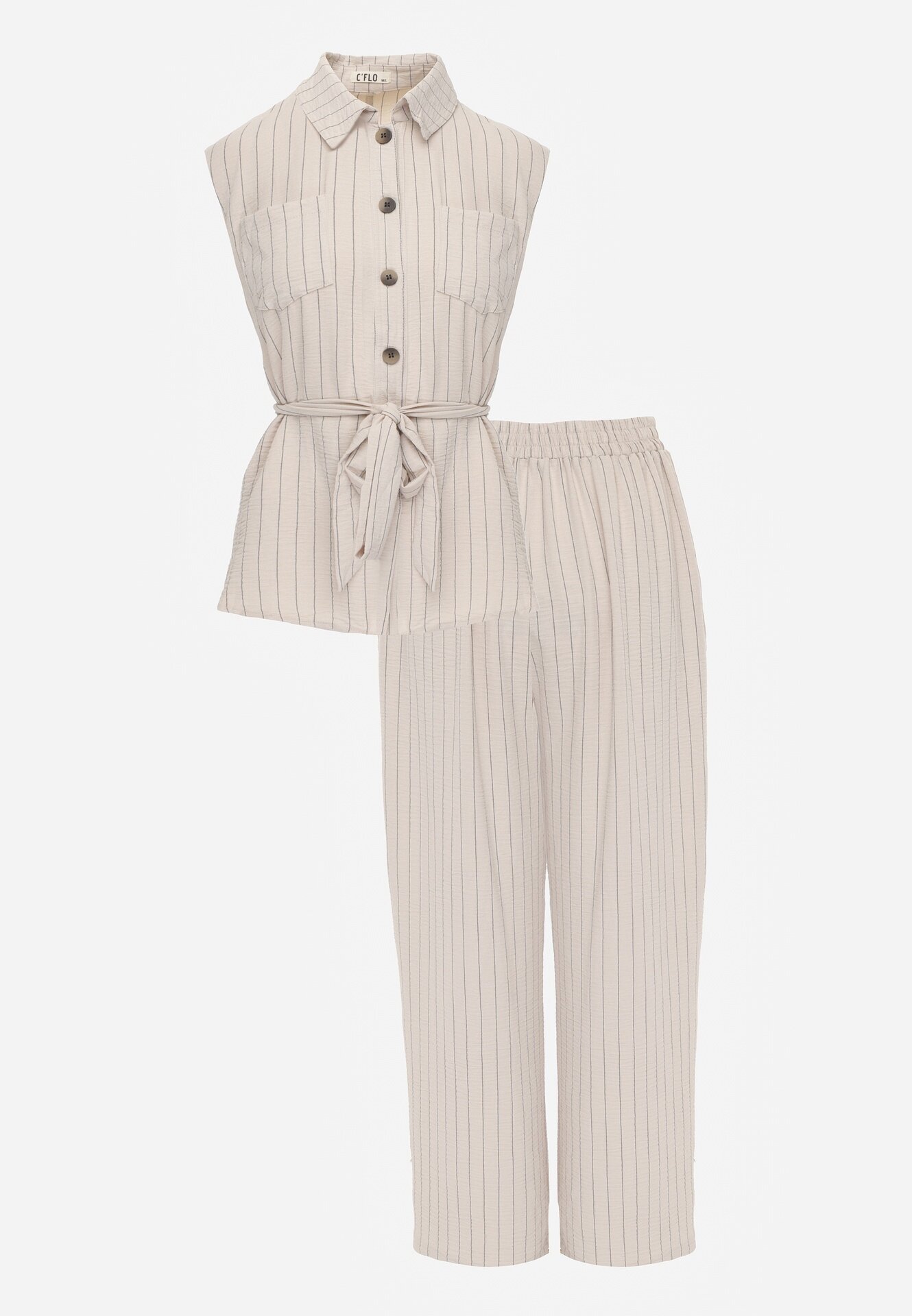 cflo Set bej din Viscoză Pantaloni Wide Leg și Cămașă Fără Mâneci cu Centură Adduin