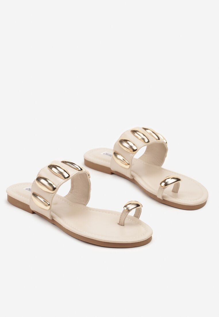 chiara foscari Papuci Flip-Flop Bej Decorați Cu Aplicații Metalice Deviane