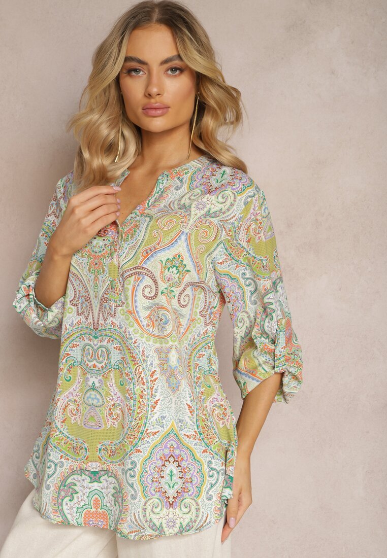 christy Bluză Cămașă Verde cu Model Ornamental Colorat și Nasturi la Decolteu Adelra