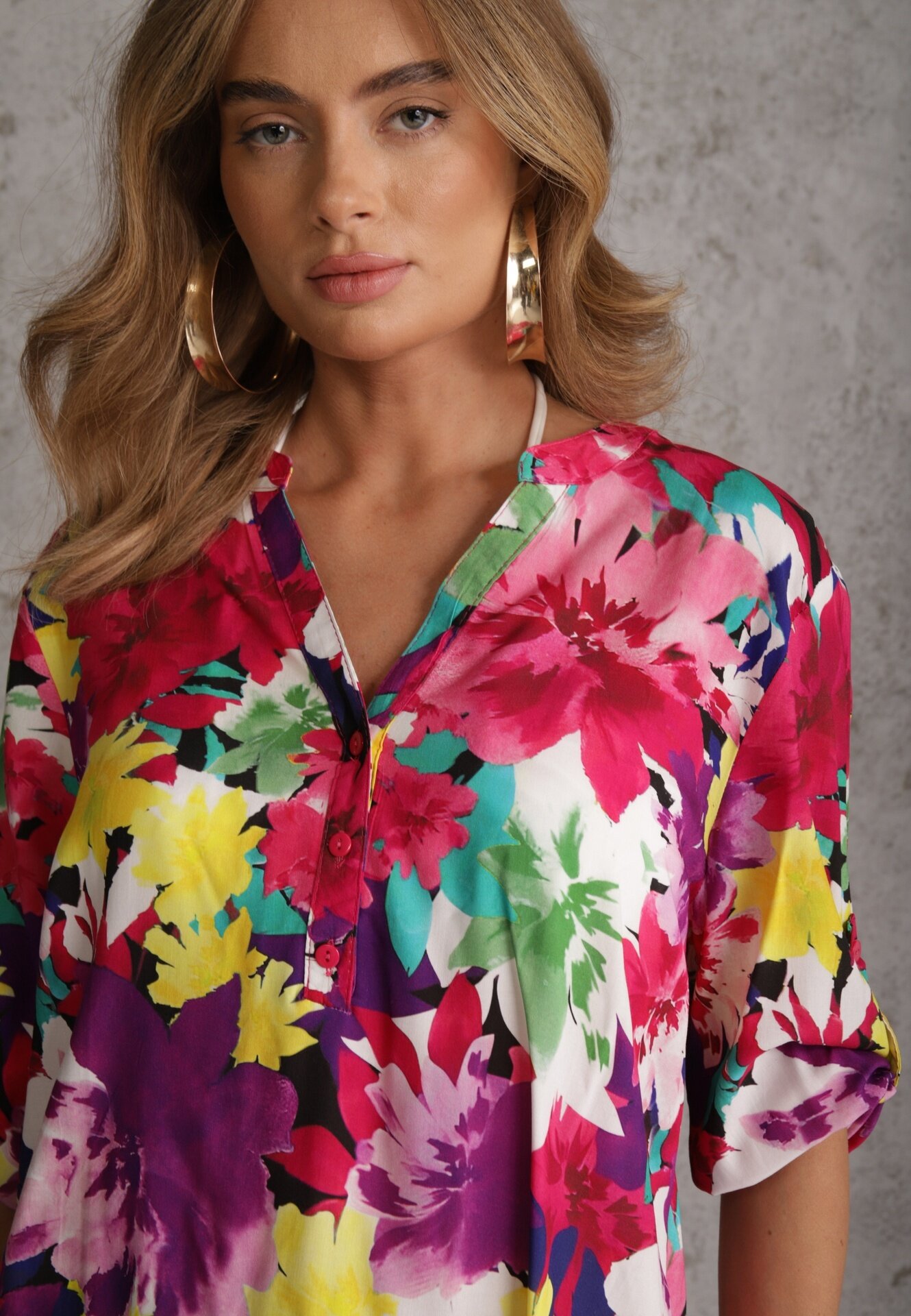 christy Bluză Roz din Viscoză cu Nasturi la Decolteu cu Imprimeu Floral Kleddia