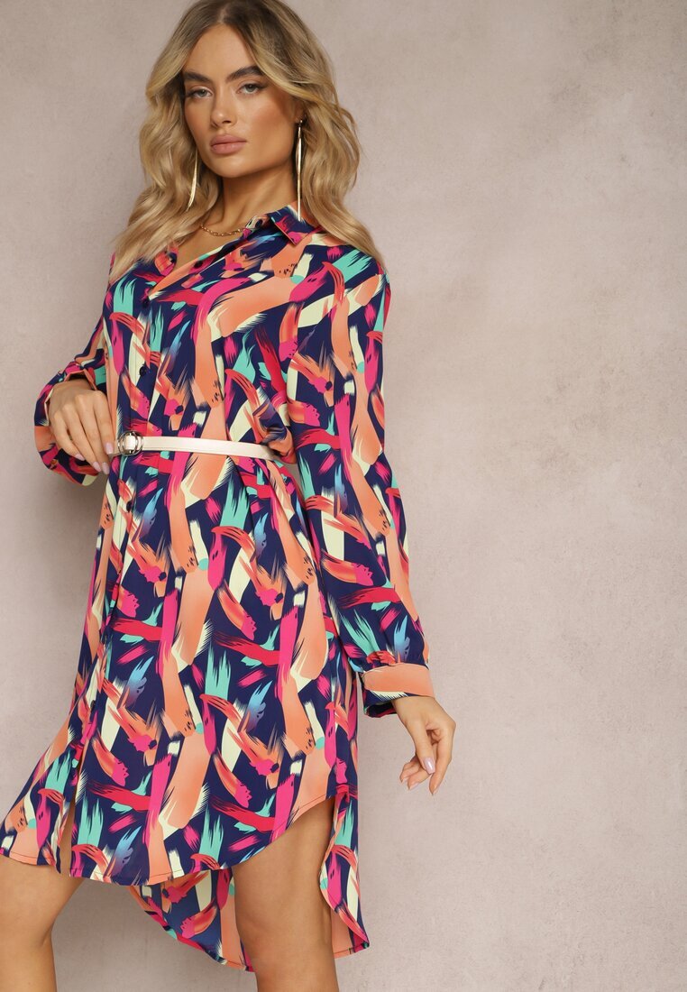 christy Cămașă lungă bleumarin și roz cu nasturi cu modele geometrice Lakiria