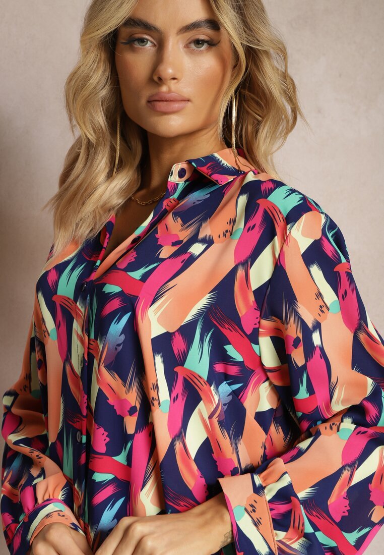 christy Cămașă lungă bleumarin și roz cu nasturi cu modele geometrice Lakiria