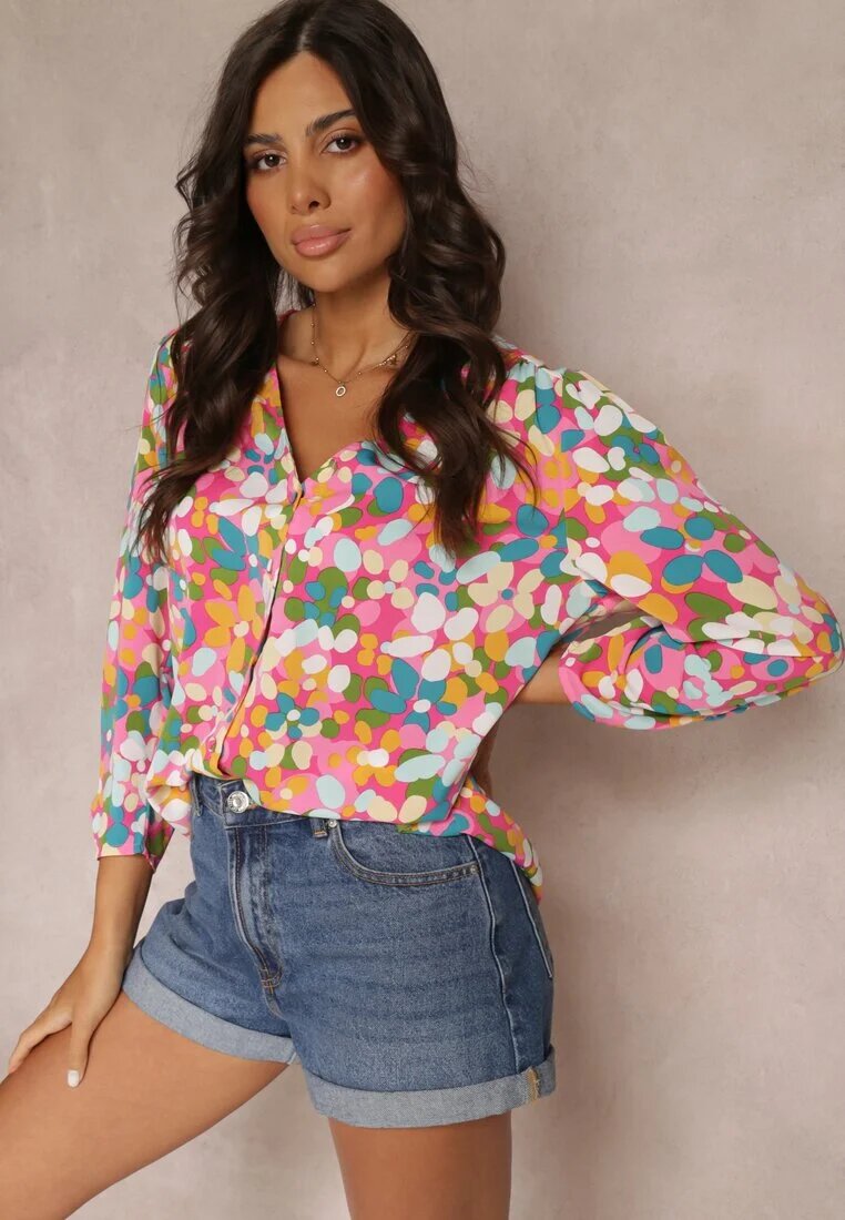 christy Cămașă roz-portocalie cu mâneci lungi și nasturi decorativi cu flori Sarabeta