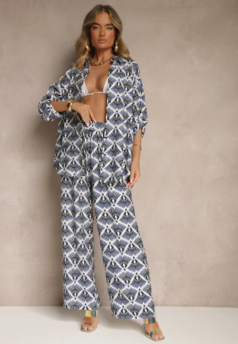 christy Compleu Albastru din Viscoză Cămașă și Pantaloni Decorat cu Imprimeu Ornamental Elezoria