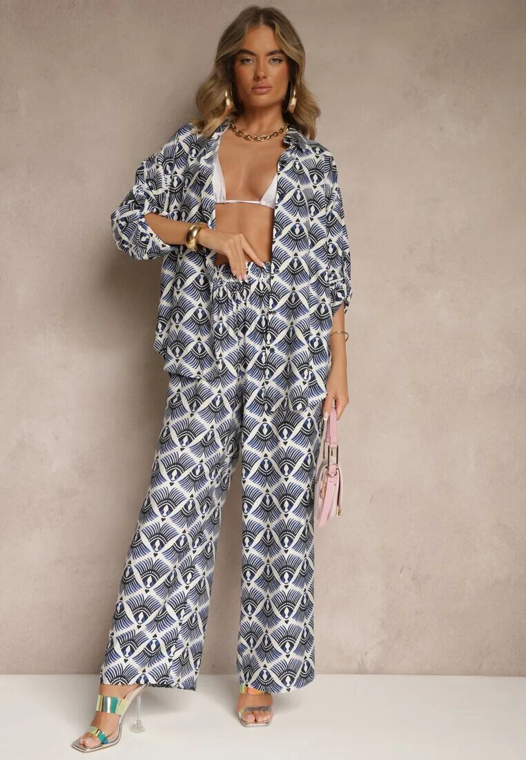 christy Compleu Albastru din Viscoză Cămașă și Pantaloni Decorat cu Imprimeu Ornamental Elezoria