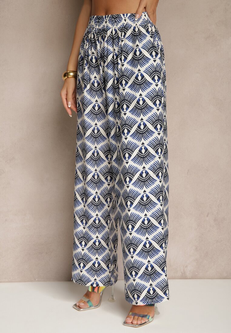 christy Compleu Albastru din Viscoză Cămașă și Pantaloni Decorat cu Imprimeu Ornamental Elezoria