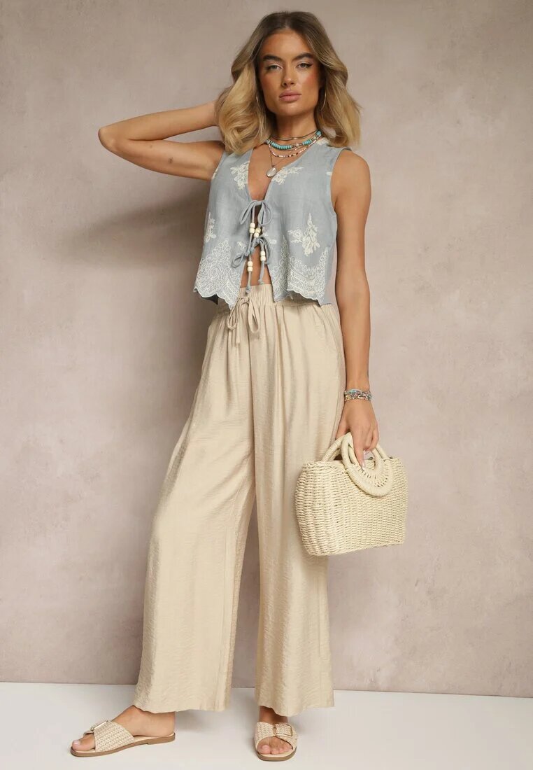 christy Pantaloni Bej Largi High Waist din Viscoză cu elastic în talie Lannalie