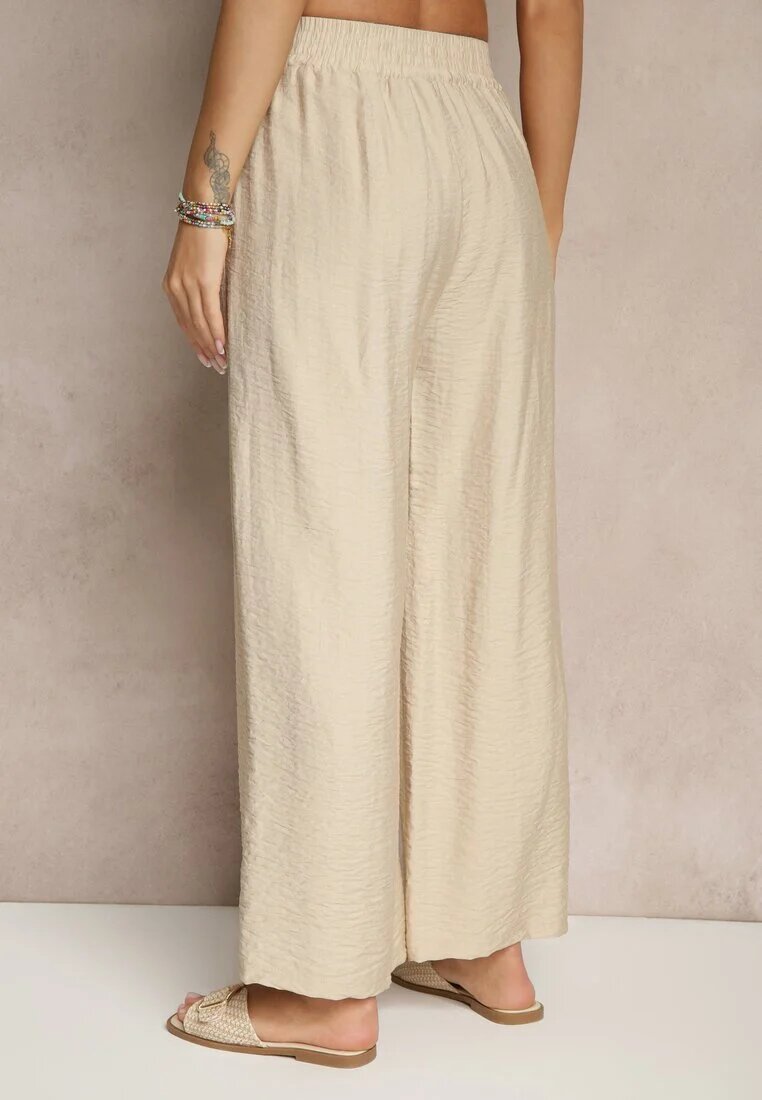 christy Pantaloni Bej Largi High Waist din Viscoză cu elastic în talie Lannalie