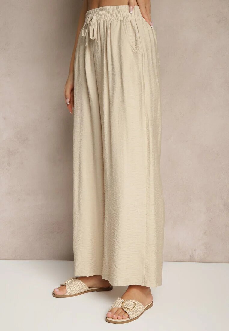 christy Pantaloni Bej Largi High Waist din Viscoză cu elastic în talie Lannalie