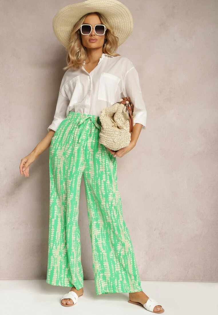christy Pantaloni Verzi largi cu model abstract și elastic în talie Sarieta