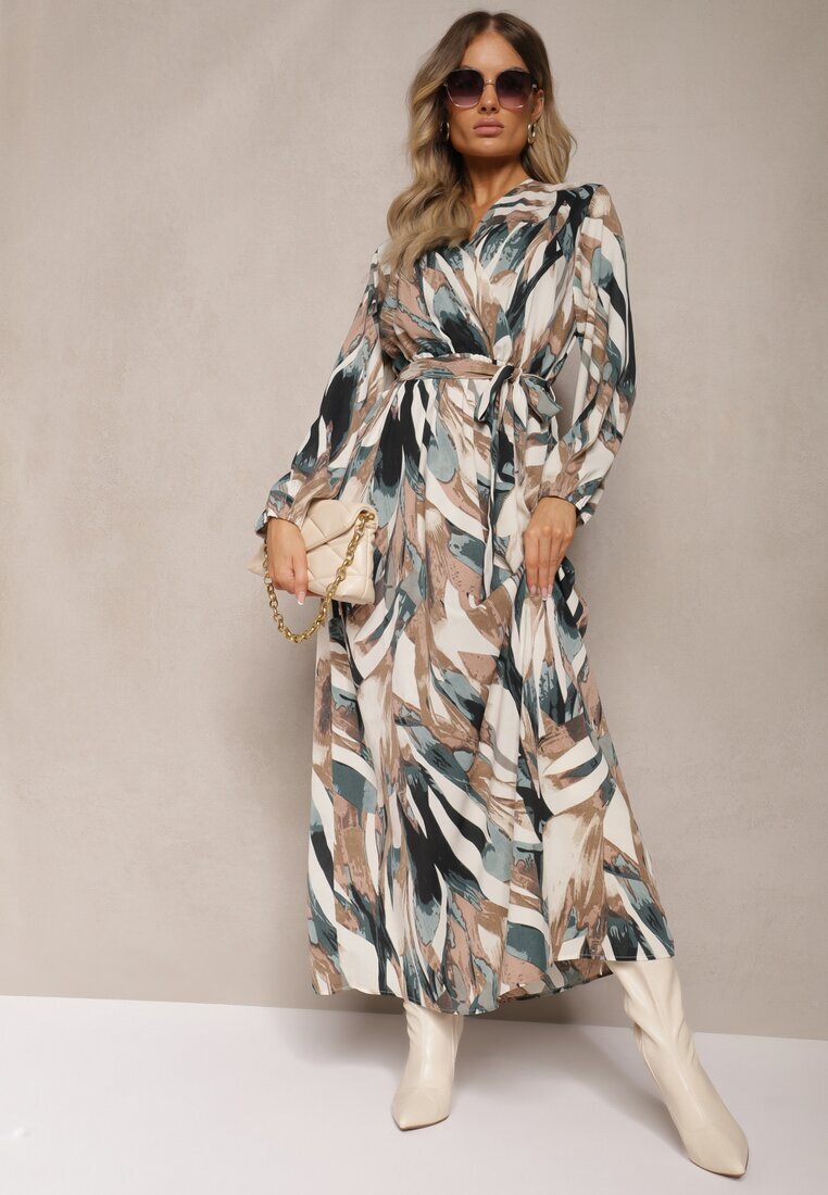 christy Rochie Cloș Maxi Bej-Verde cu elastic în talie Montaga