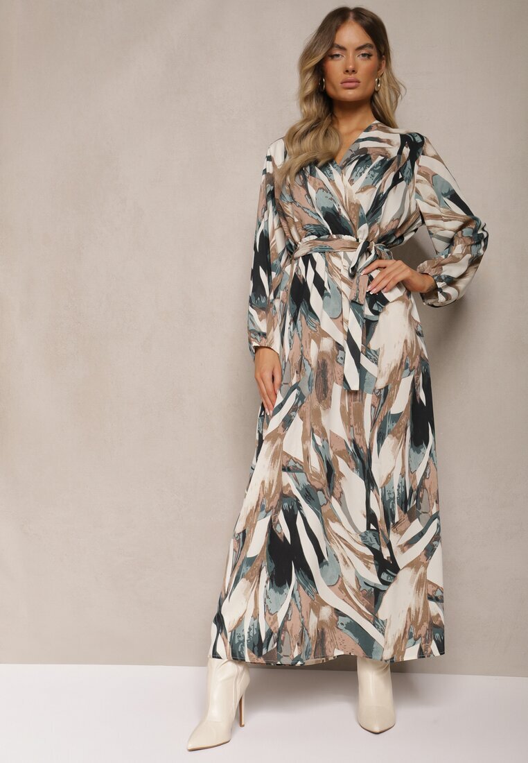 christy Rochie Cloș Maxi Bej-Verde cu elastic în talie Montaga