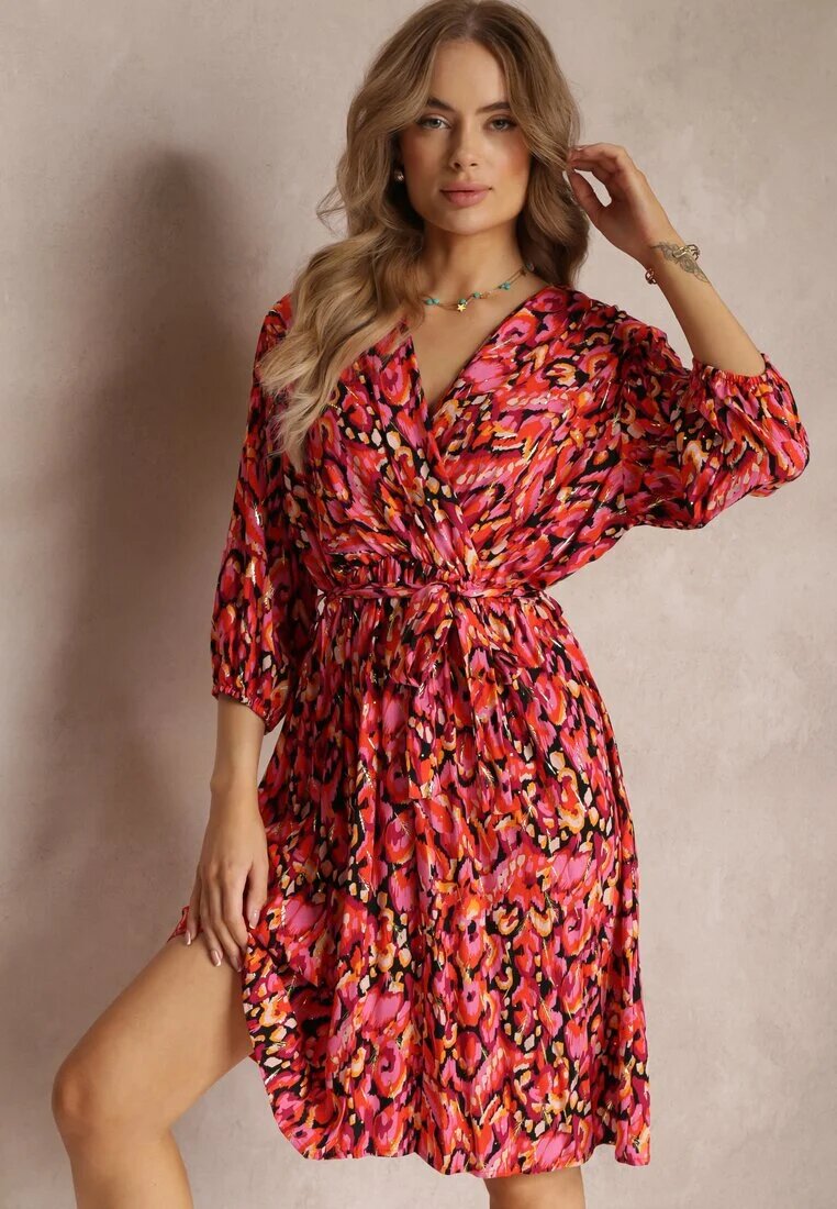 christy Rochie Crossover Midi Roșu-Negru cu Cordon Legat și Fir Metalic Armellia