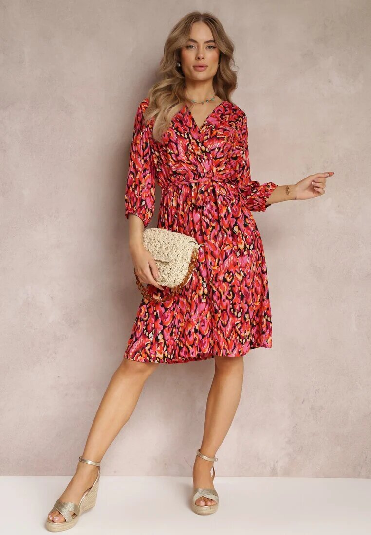 christy Rochie Crossover Midi Roșu-Negru cu Cordon Legat și Fir Metalic Armellia