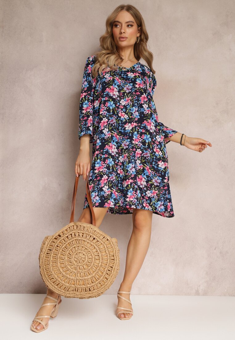 christy Rochie dreaptă bleumarin florală cu mâneci 3/4 Nata