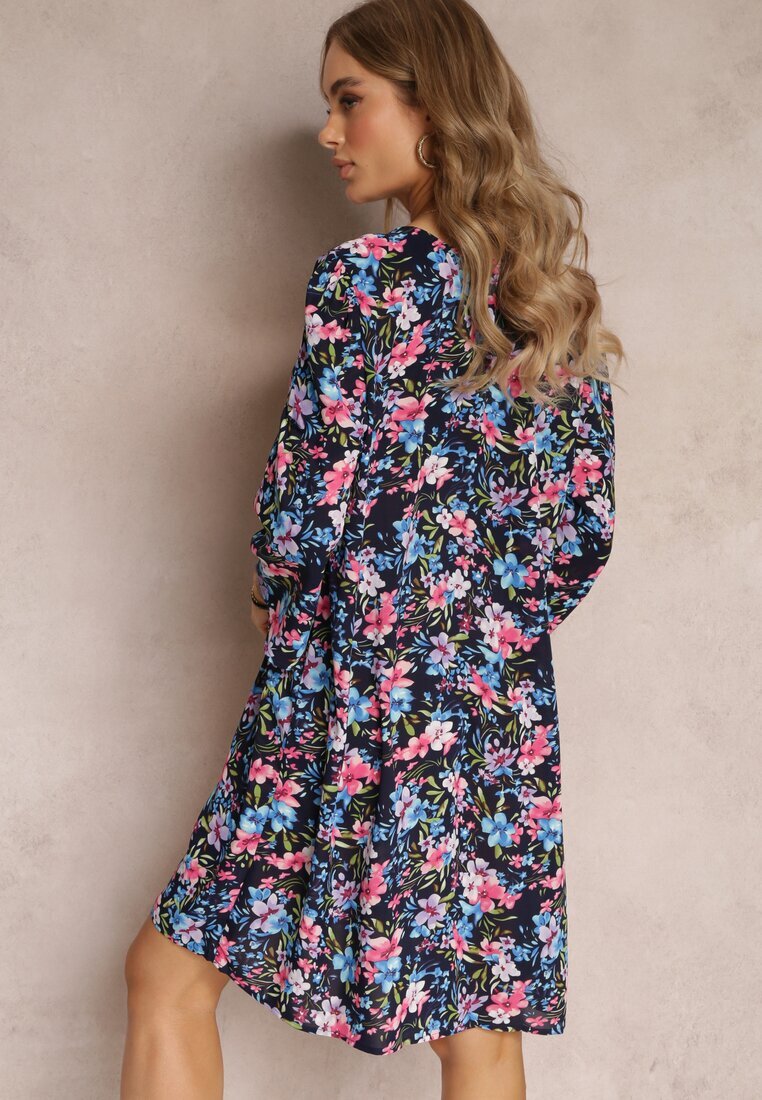 christy Rochie dreaptă bleumarin florală cu mâneci 3/4 Nata