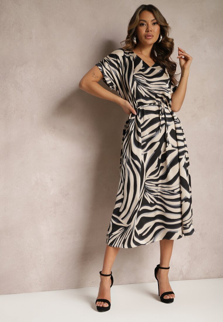 christy Rochie Midi Tip Cutie Bej și Negru cu Imprimeu Animal cu Curea Avula