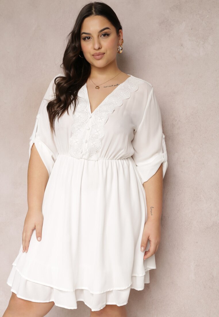 christy Rochie Mini Albă cu Elastic în Talie și Inserții din Dantelă Kelia
