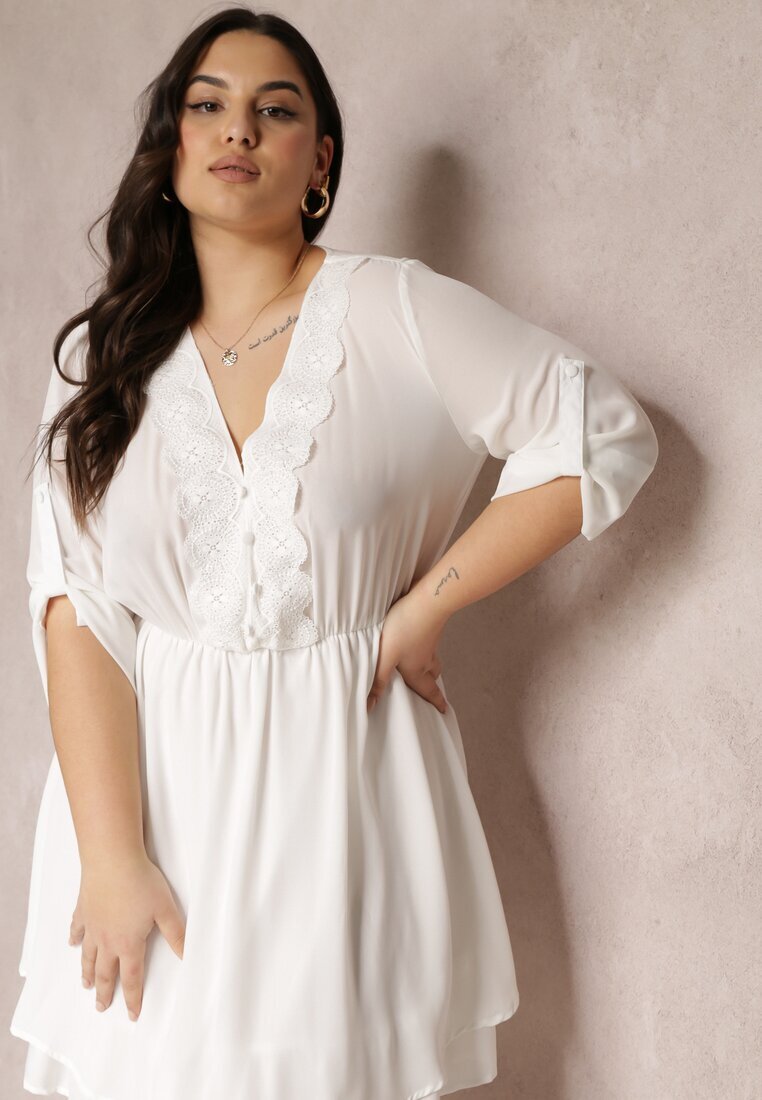 christy Rochie Mini Albă cu Elastic în Talie și Inserții din Dantelă Kelia
