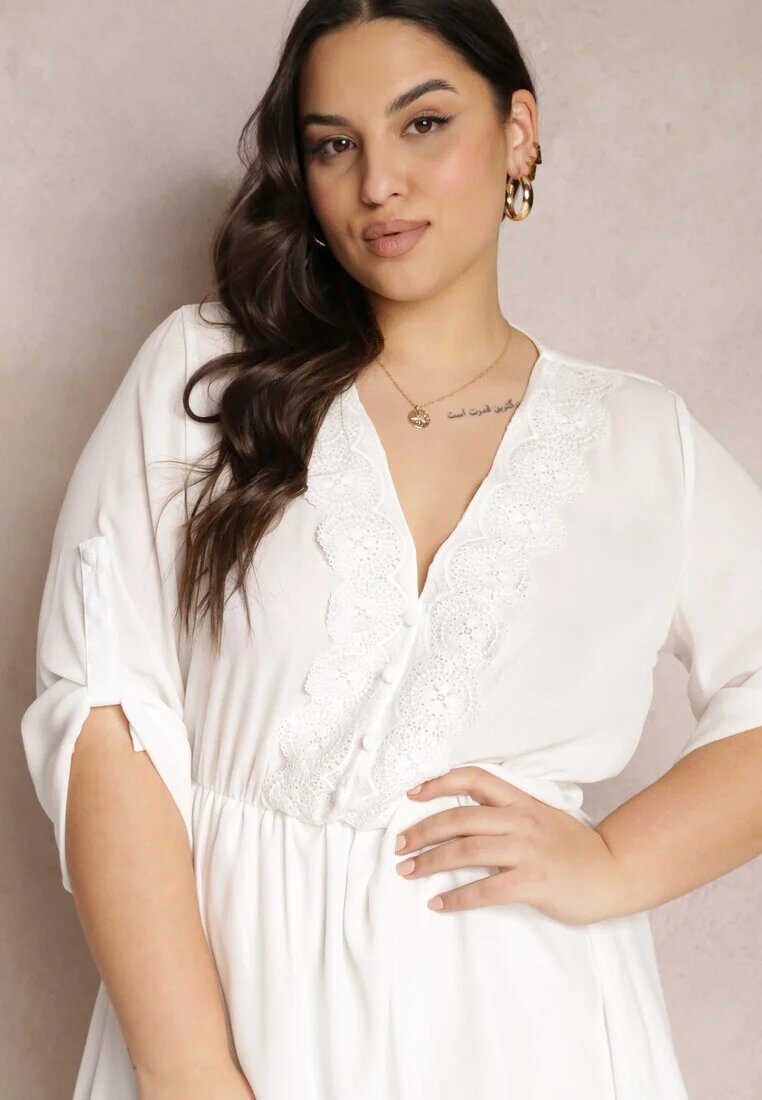 christy Rochie Mini Albă cu Elastic în Talie și Inserții din Dantelă Kelia