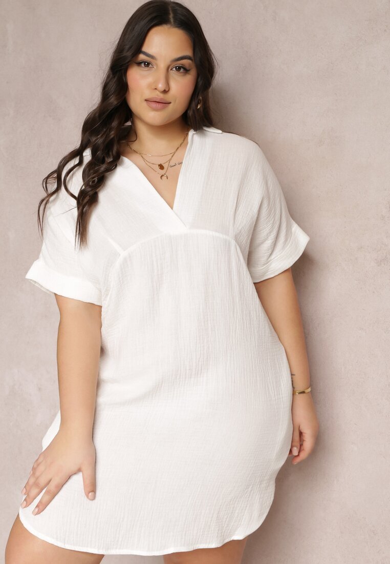 christy Rochie Mini Albă Din Bumbac cu Croială Dreaptă cu Guler Elealla