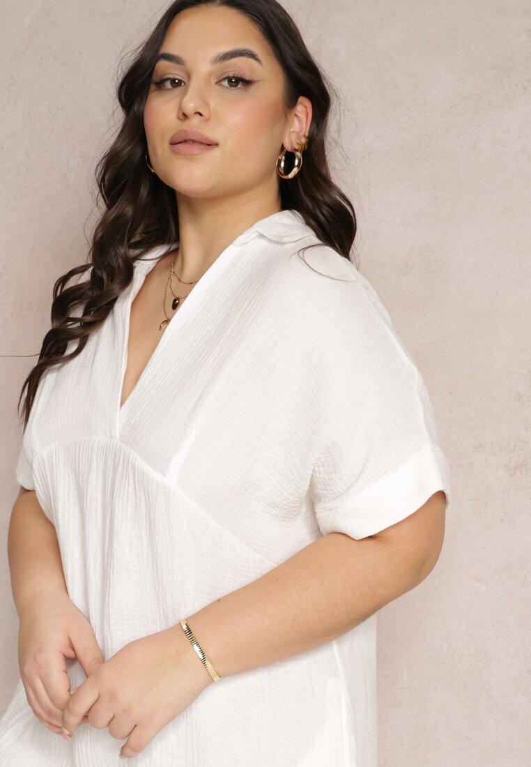 christy Rochie Mini Albă Din Bumbac cu Croială Dreaptă cu Guler Elealla