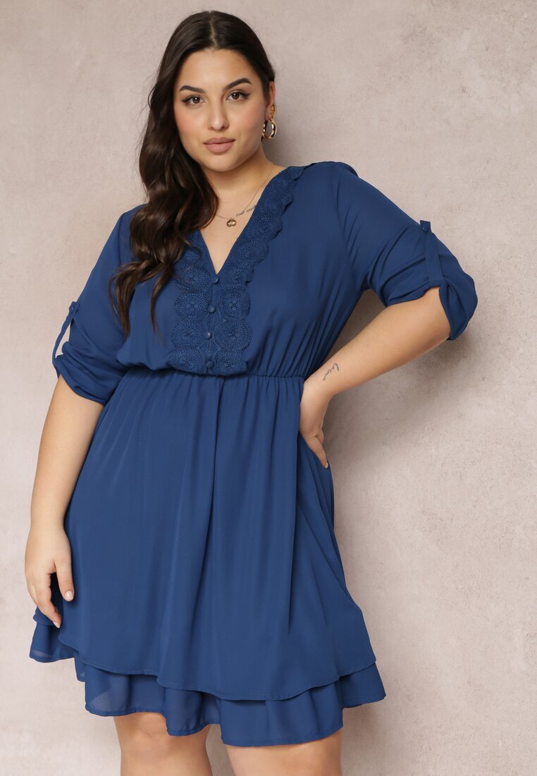 christy Rochie mini bleu-marin cu elastic în talie și inserții din dantelă Kelia