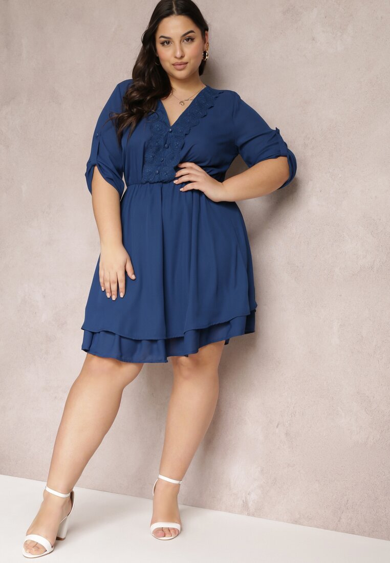 christy Rochie mini bleu-marin cu elastic în talie și inserții din dantelă Kelia