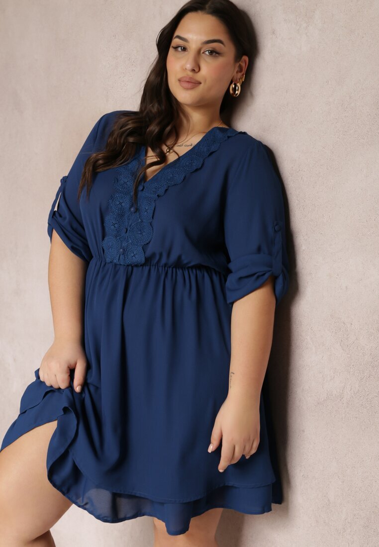christy Rochie mini bleu-marin cu elastic în talie și inserții din dantelă Kelia