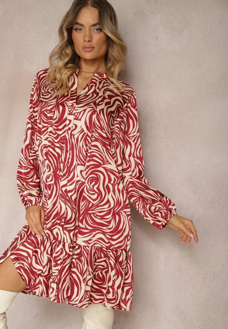 christy Rochie mini evazată bordo-bej în stil cămașă cu volan și model decorativ Bevina