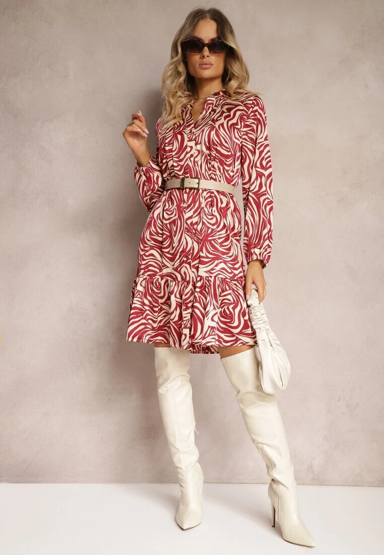 christy Rochie mini evazată bordo-bej în stil cămașă cu volan și model decorativ Bevina